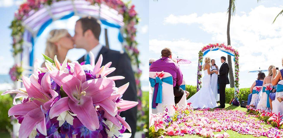Wedding at paradise cove oahu with white arch multi tropcal flowers